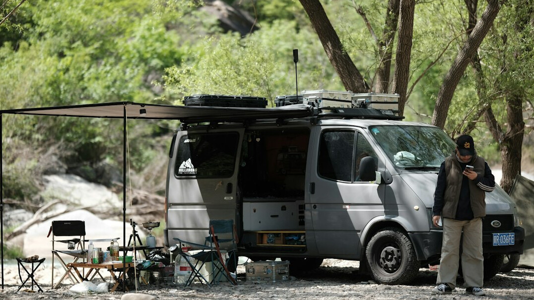Outside broadcast van with satellite equipment
